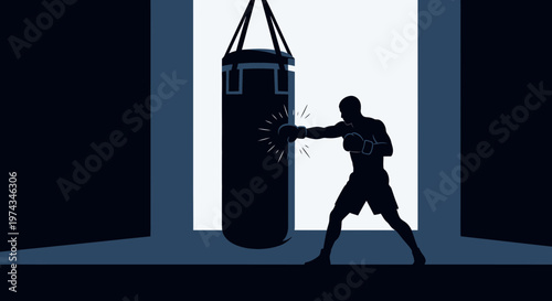 Dynamic Boxer Silhouette Training With Punching Bag In Dark Gym Environment