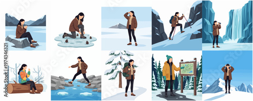 Minimalist Style Woman Exploring Winter Nature Activities Illustration Scene Set