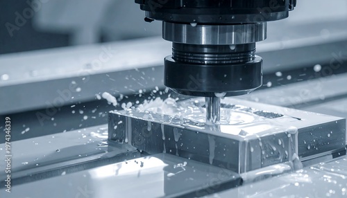 A machine tool precision crafts a clear block