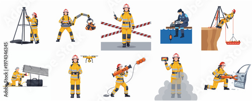 Flat Illustration Set of Firefighter in Action with Rescue Equipment
