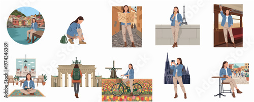 Minimalist Style Young Woman Traveling Posing at European Landmarks Illustration