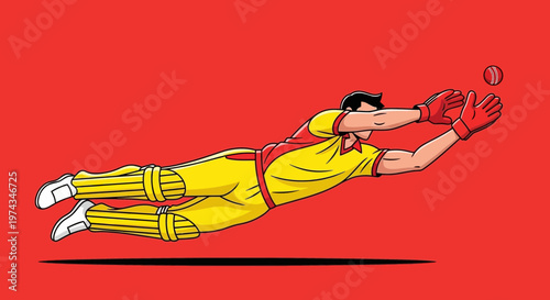 Dynamic Cricket Player In Mid-Air Catching The Ball With Intensity