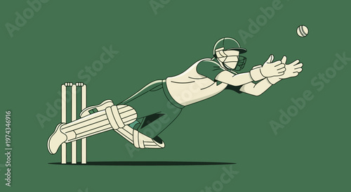 Dynamic Cricket Wicketkeeper Diving For Catch With Wicket Background Sport Action