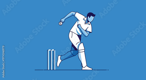 Dynamic Cricket Bowler Action In Minimalist Blue And White Style