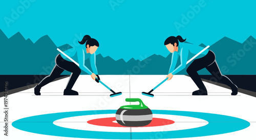 Dynamic Curling Match Between Two Athletes On Ice Arena With Mountains Background