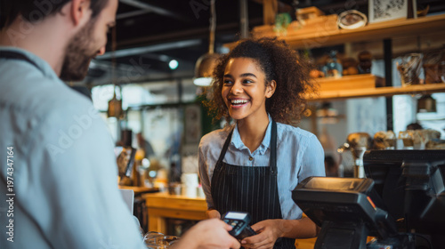 A smiling african american barista in a black apron takes payment from a customer using a card reader at a local coffee shop counter.