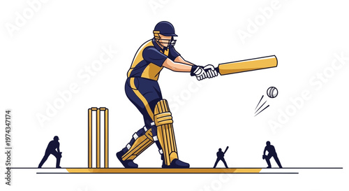 Dynamic Cricket Match Scene Player Swinging Bat at Ball with Fielders