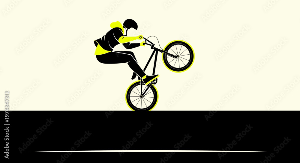 Naklejka premium Dynamic Cyclist Performs Extreme Bicycle Stunt On Wheelie With Neon Yellow Accents