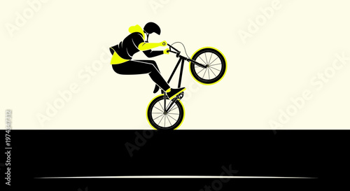 Dynamic Cyclist Performs Extreme Bicycle Stunt On Wheelie With Neon Yellow Accents