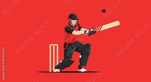 Dynamic Cricket Player Action Shot Minimalist Design Bold Red Background