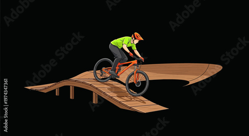 Dynamic Downhill Mountain Biker On Wooden Ramp Adventure
