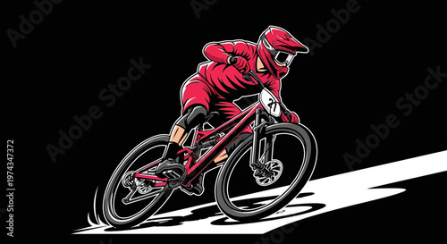 Dynamic Downhill Mountain Biker In Action Red Suit And Helmet