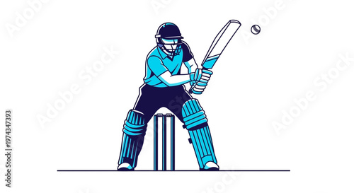 Dynamic Cricket Player Action Silhouette in Blue Tones Striking A Ball