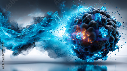 Cellule cancéreuse encerclée et neutralisée par un rayon de lumière bleu intense