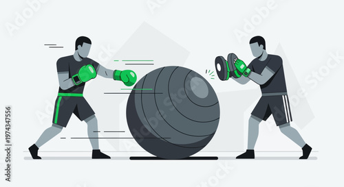 Dynamic Duo Boxing Workout With Large Exercise Ball illustration