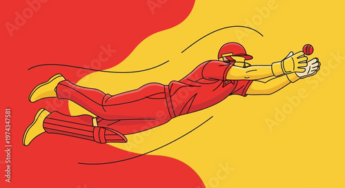 Dynamic Cricket Player Diving For A Catch In A Stylized Illustration