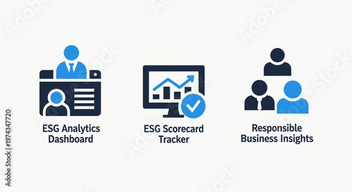 Esg analytics and responsible business management icons set featuring dashboard tracker and insight symbols for corporate social responsibility and governance
