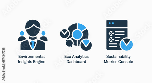 Sustainability and eco analytics data visualization icons showcasing environmental insights engine dashboard and metrics console for green business initiatives