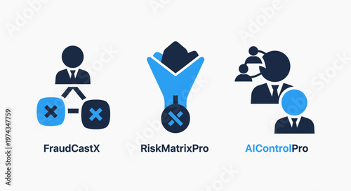 Risk management and fraud detection icon set including AI control and predictive analysis symbols for corporate security and financial safety