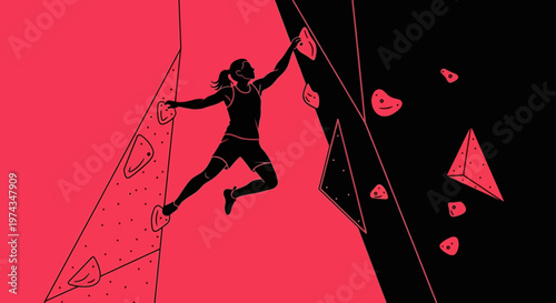 Dynamic Female Bouldering Silhouette on Bright Pink and Black Background