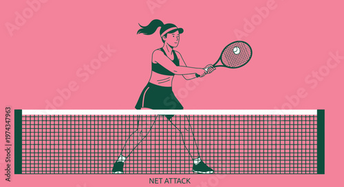 Dynamic Female Tennis Player In Action Over The Net