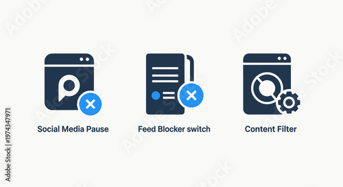 Digital wellness icons including social media pause button feed blocker switch and content filter settings for internet safety and parental control tools