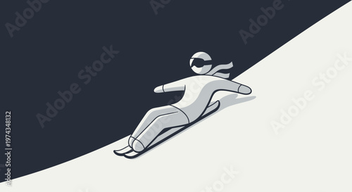 Dynamic Figure Descends Snowy Slope On Sled Minimalist Graphic Art