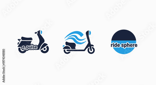 Sustainable urban mobility icons featuring electric scooters with pulse waves and ride sphere branding for eco-friendly transportation services