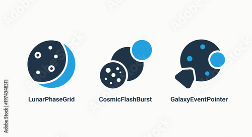 Astronomy and space science icons set featuring lunar phase grid and galaxy event pointer concepts