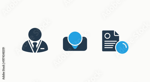 Business professional profile and document verification icons set for management and identity