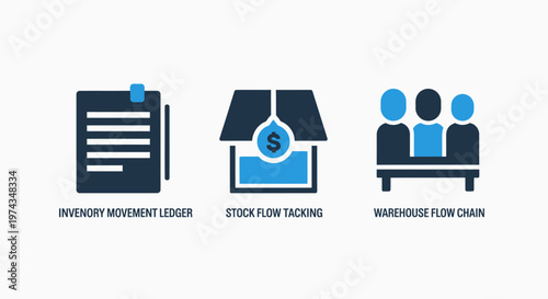 Inventory management system and stock replenishment icons with algorithm logic concept symbols