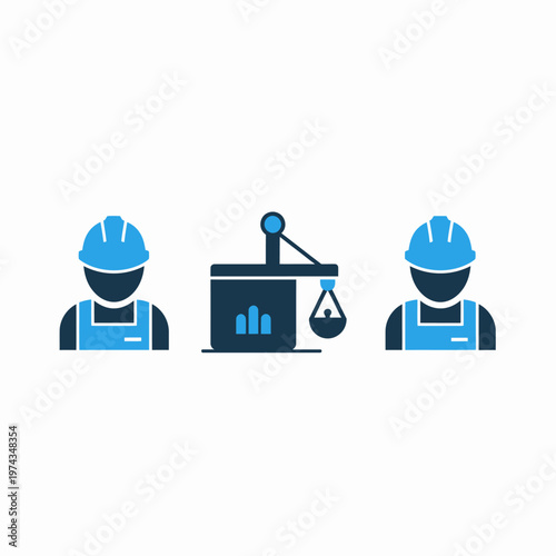 Industrial construction worker and site management icons showing builders in hard hats and heavy material weighing equipment