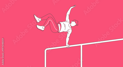 Dynamic Figure Performing Aerial Gymnastics on Parallel Bars