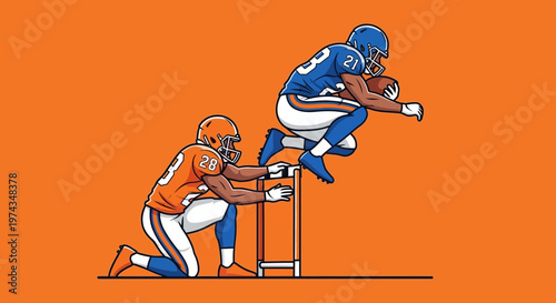 Dynamic Football Players Leaping Over Hurdle In Vivid Action Scene