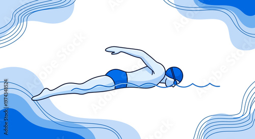 Dynamic Freestyle Swimmer In Stylized Blue Waters Minimalist Sport Illustration