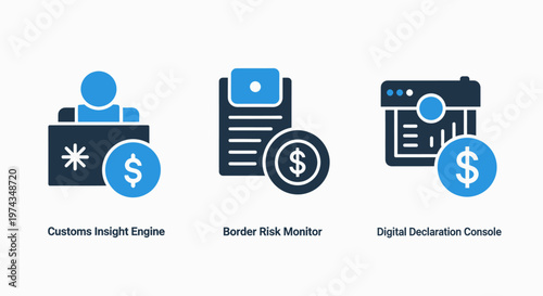Business analytical icons for customs insight engine and border risk monitor and digital declaration