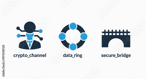 Data technology and secure infrastructure icon set for crypto channel data ring and secure bridge