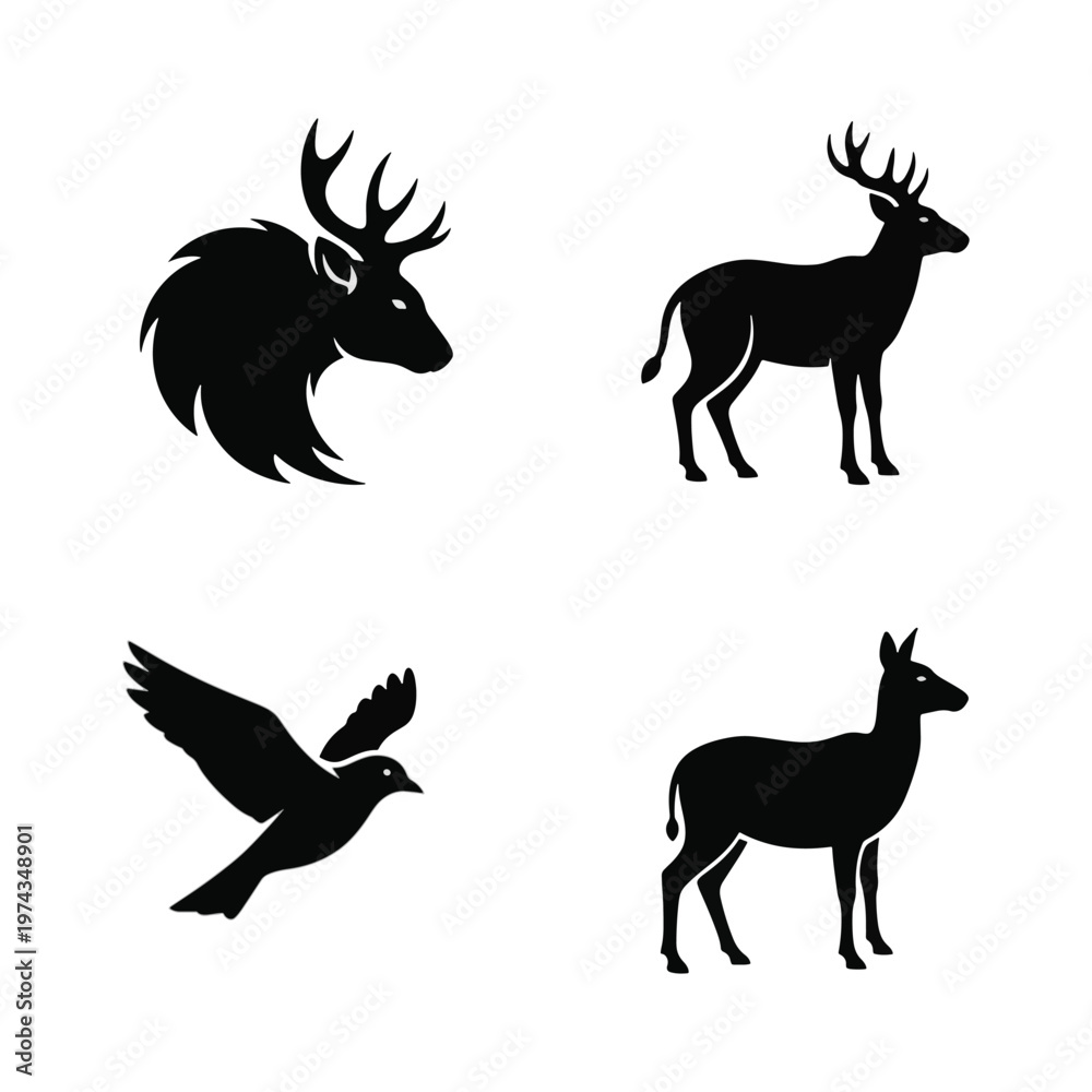 Fototapeta premium Wildlife Animal Icons Deer Bird Silhouette Vector Set