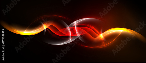 Abstract flowing lines, vibrant red, orange, white hues. Dynamic energy radiates from central point, dark background enhances luminosity.