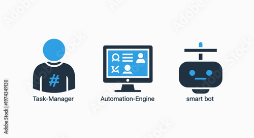 Task management automation and artificial intelligence bot icons