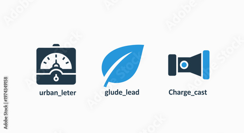 Icon set featuring urban meter leaf glade lead and power charge cast graphic elements