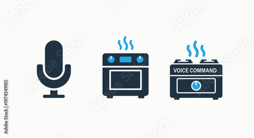 Smart home appliance icons featuring microphone for voice command and automated oven controls