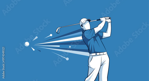 Dynamic Golfer Executing A Powerful Drive Against A Solid Blue Backdrop