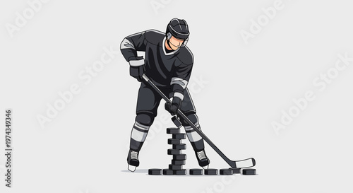 Dynamic Ice Hockey Player Practicing Shots On Black Puck Stack
