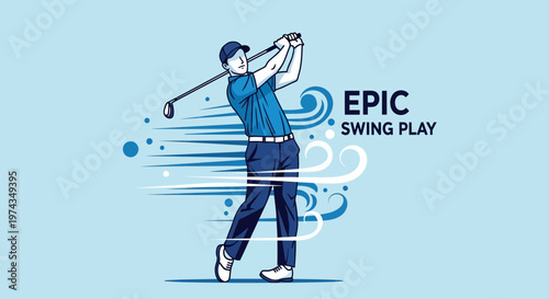 Dynamic Golfer Executing Powerful Swing With Swirling Wind Effect