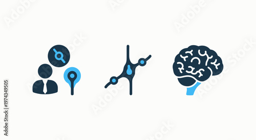 Neuroscience and neurology icons illustrating cognitive connections, synapses, and brain structure