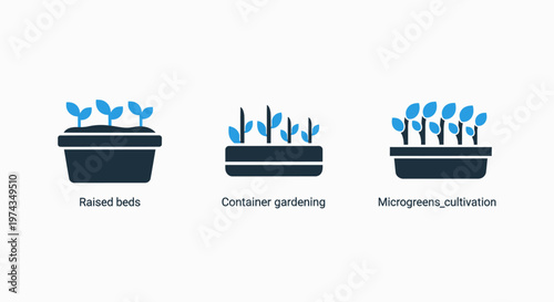 Gardening and agriculture icons displaying raised beds, container gardening, and microgreen cultivation