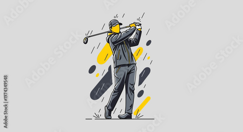 Dynamic Golfer Swinging Club Amidst Stylized Rain Elements