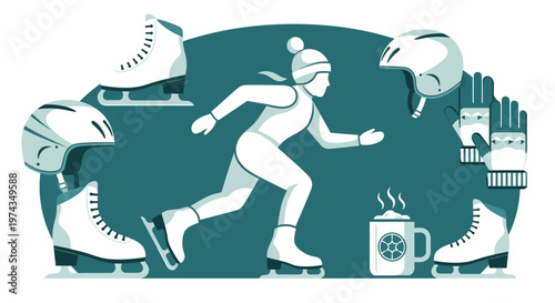 Dynamic Ice Skating Athlete With Protective Gear And Warm Drink Illustration