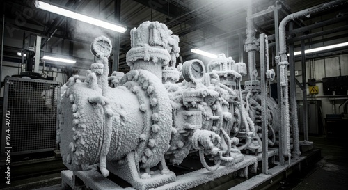 Industrial machinery covered in frost indoor setting energy production concept